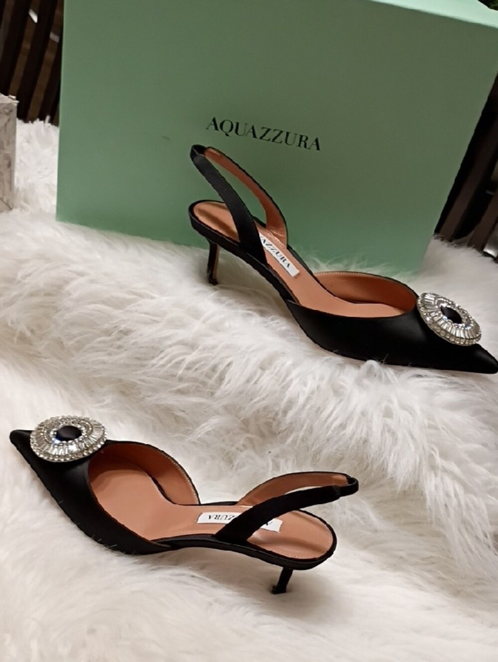New Aquazzura Black Satin Slingback Heels with Crystal Hoop Medallions 37